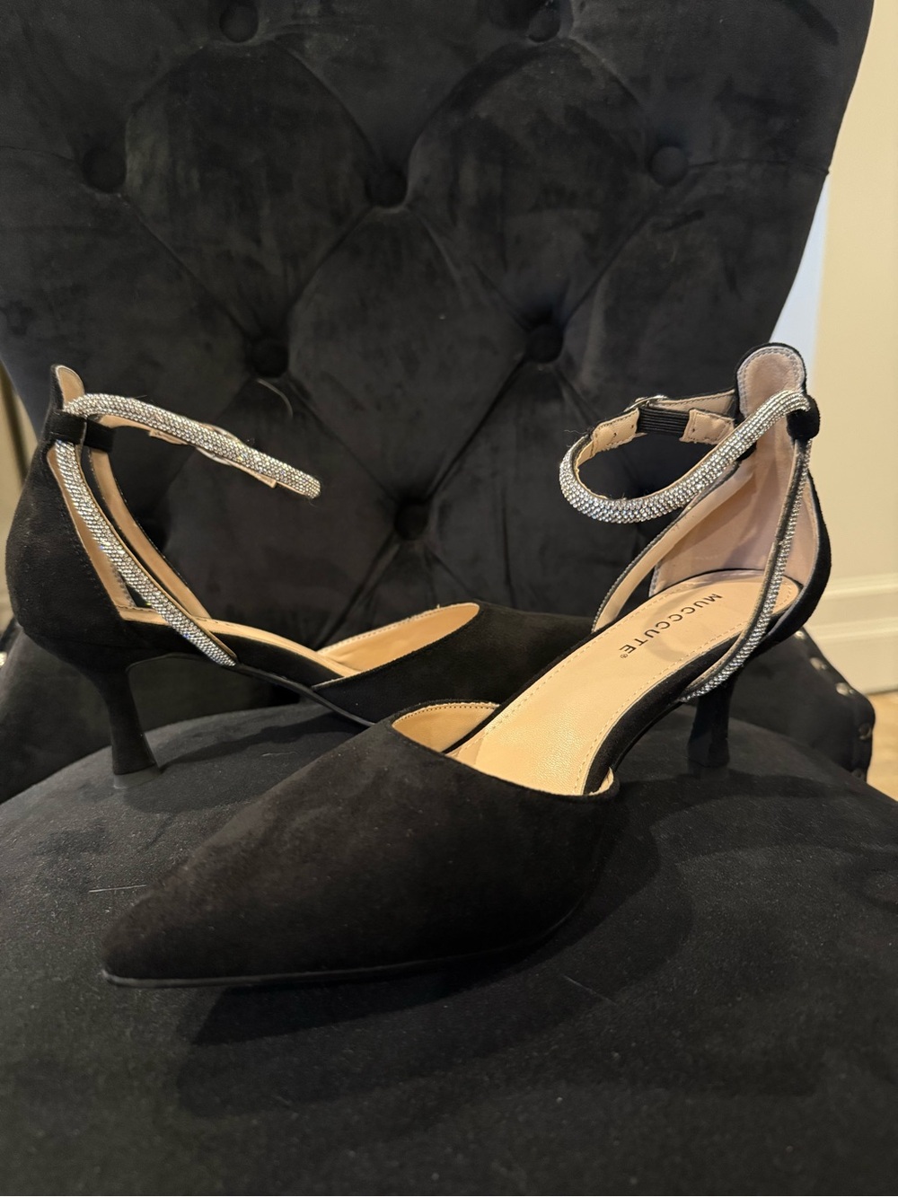 Black Suede Pointed Toe Heels with Gorgeous Embellished Ankle Straps.